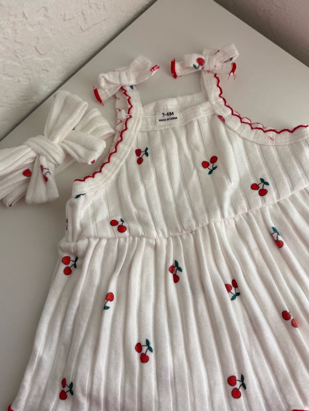 SHEIN White Baby One-Piece Dress with Red Cherry Print